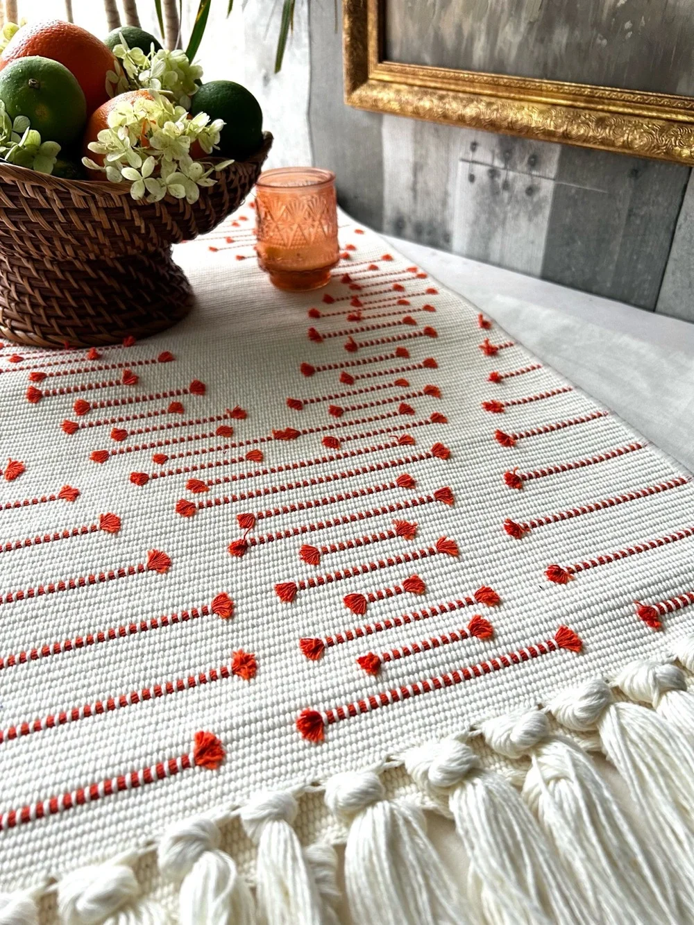 🌴Lovely Table Runner W/Boho Flair | White(cream) & Rusty Orange | Kirkton House